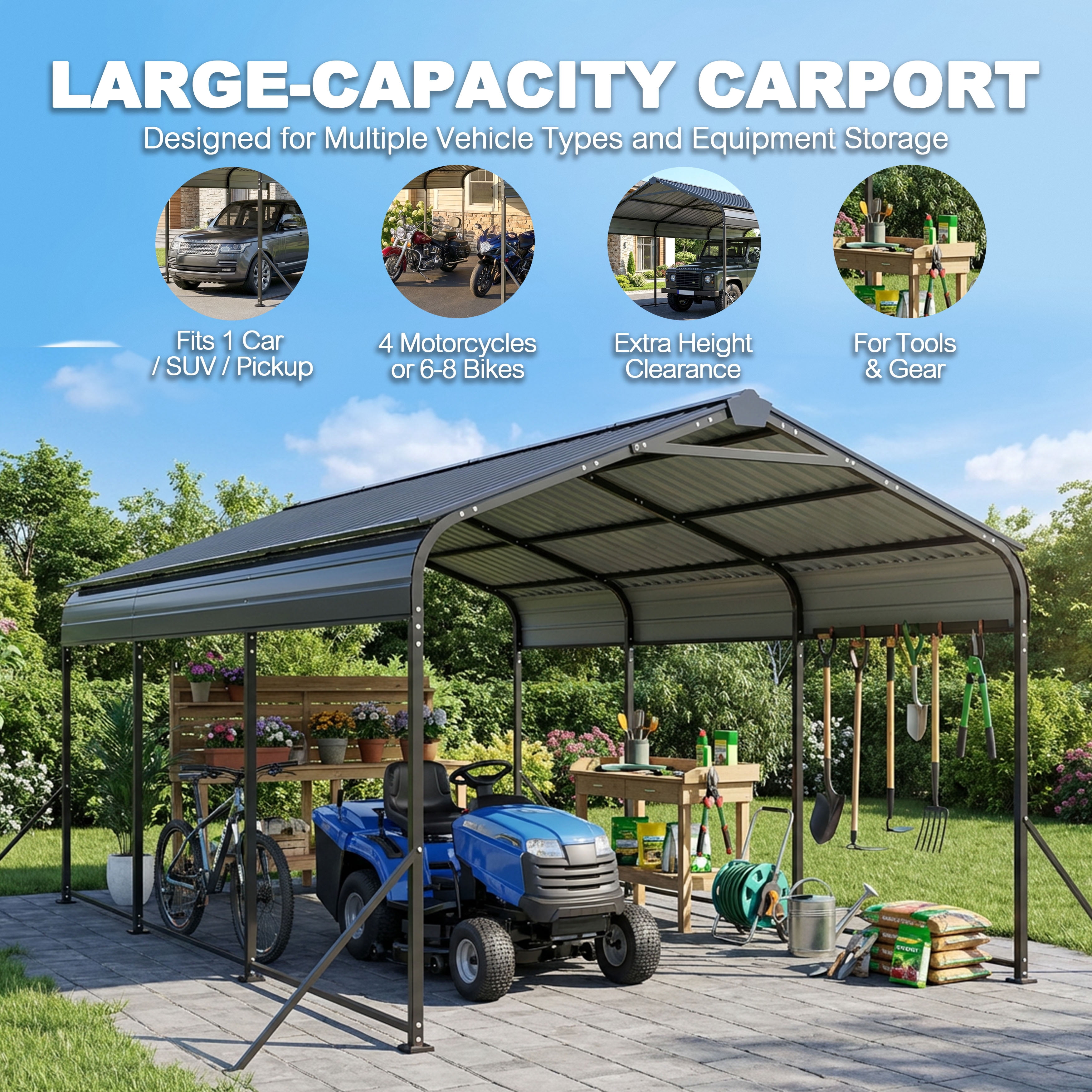 Nuu Garden Steel Carport 15 x 10 FT with Windproof Ground Anchors and Reinforced Frame, All-Weather Multi-Use Outdoor Shelter Outdoor Garage Car Port, Dark Gray and Black