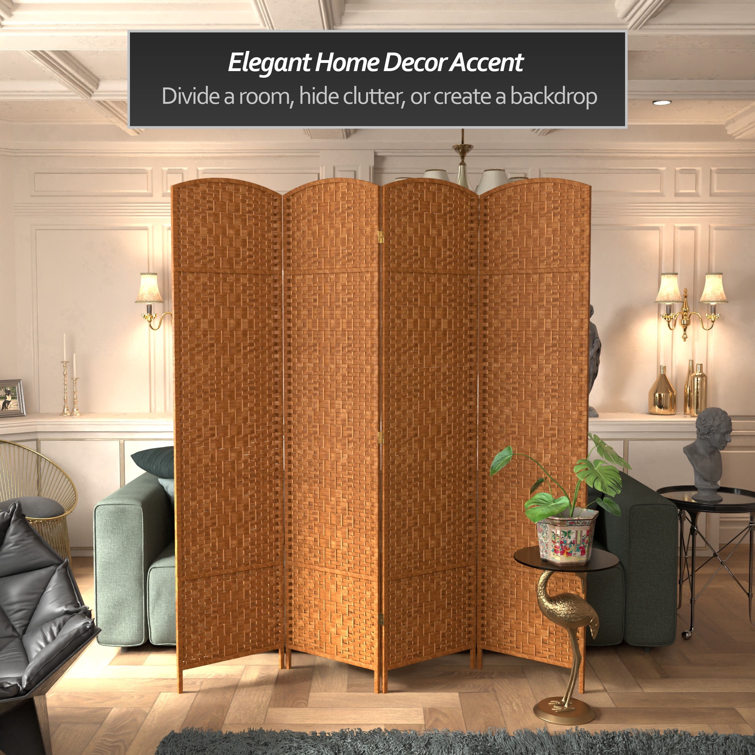 7 ft. Tall Rattan Fiber Diamond Weave Privacy Screen Room Divider - Dark Beige - 4 Panels
