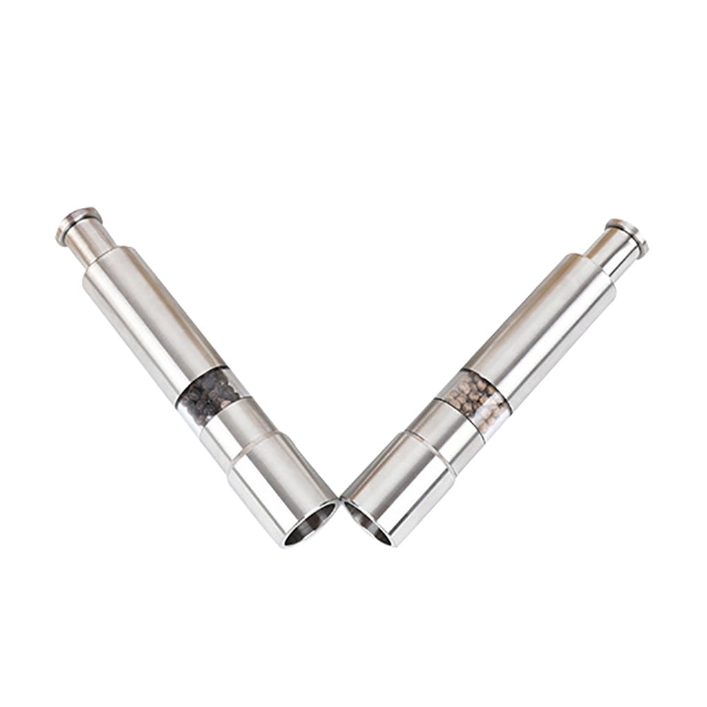 Torch 2Pcs Salt and Pepper Grinder Set, 5.9x1.1 inch Stainless Steel Salt and Pepper Shakers, One Handed Push Button Design, for Black Pepper, Sea Salt and Spice and Salt, Silver