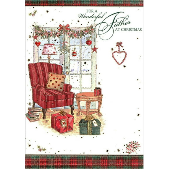 Designer Greetings Red Chair, Pillow, Side Table and French Doors Father Christmas Card