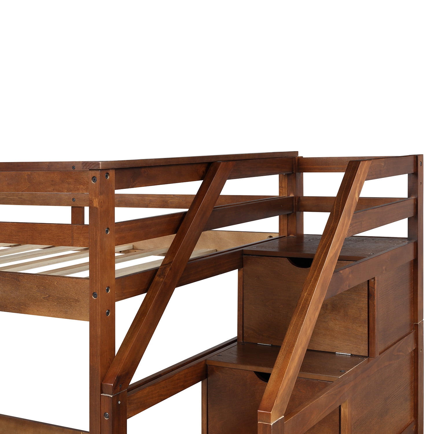 Twin-Over-Twin Bunk Bedd with Twin Size Trundle and 3 Storage Stairs-Walnut