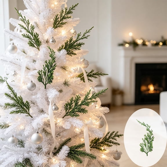 Artificial Winter Leaves Branches, Green Plastic Botanical Stems For Vase Fillers, Christmas Home Table Mantel & Holiday Party Decor