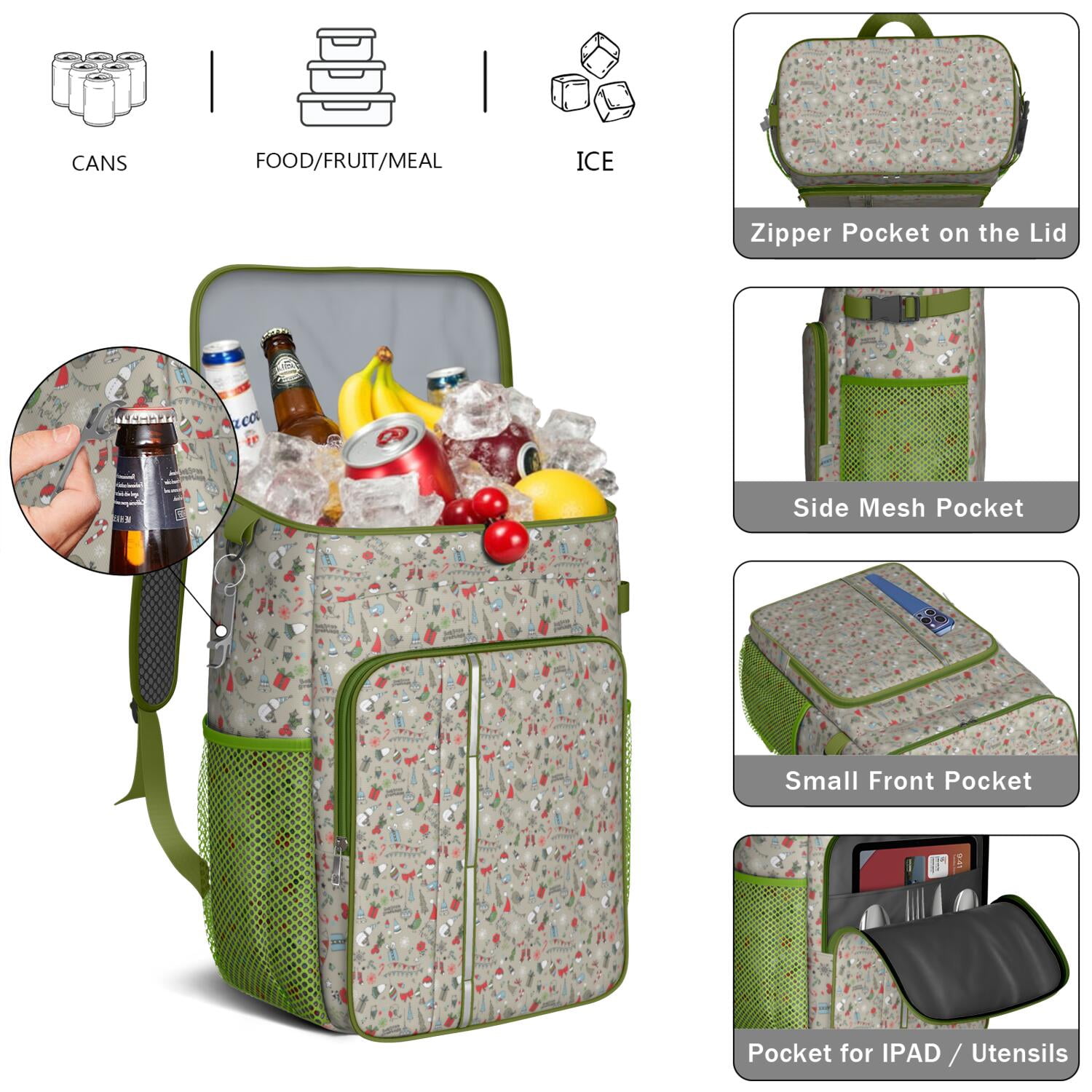 Travel Cooler Bag - Gray Christmas Icon Pattern Camping Beer Cooler Backpack with Bottle Opener- Waterproof Insulated Picnic Backpacks - Cooler Bag for Beach