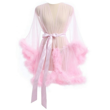 Milue Elegant Ladies Furry Trim Mesh Dressing Gown Sheer Babydoll Cover Up Nightwear