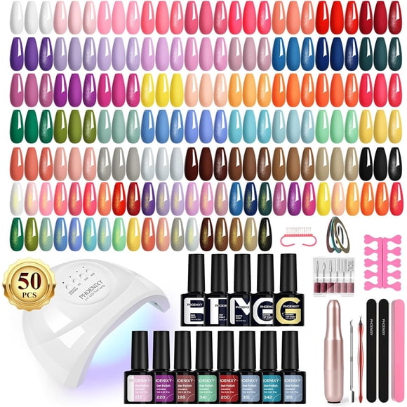 Biwat Phoenix Kit de Vernis à Ongles en Gel 63 Pcs avec U V light et Perçage, Ensemble de Vernis à Ongles Gel 45 Couleurs avec 5 Pcs Base Top Coat Ensemble de Vernis à Ongles de Démarrage Cadeaux de Noël pour Femmes ST9017