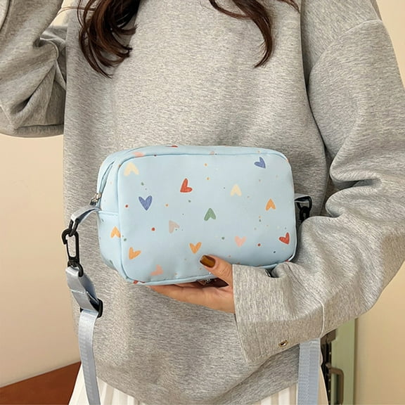 KOYPTL Cute Shoulder Bag for Women Fashion Canvas Bag with Adjustable Chain Strap Crossbody Bag with Heart Printed for Travel Work Picnic Shopping Valentine's Day Birthday Gifts for Girls Blue