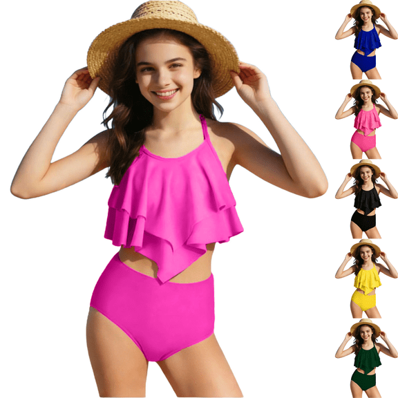 Paiwinds Girls Ruched Tankini Set, Fashionable Two-Piece Swimsuit, Quick-Dry Nylon Spandex, Trendy Swimwear in Multiple Colors for Beach & Pool, Ages 7-14