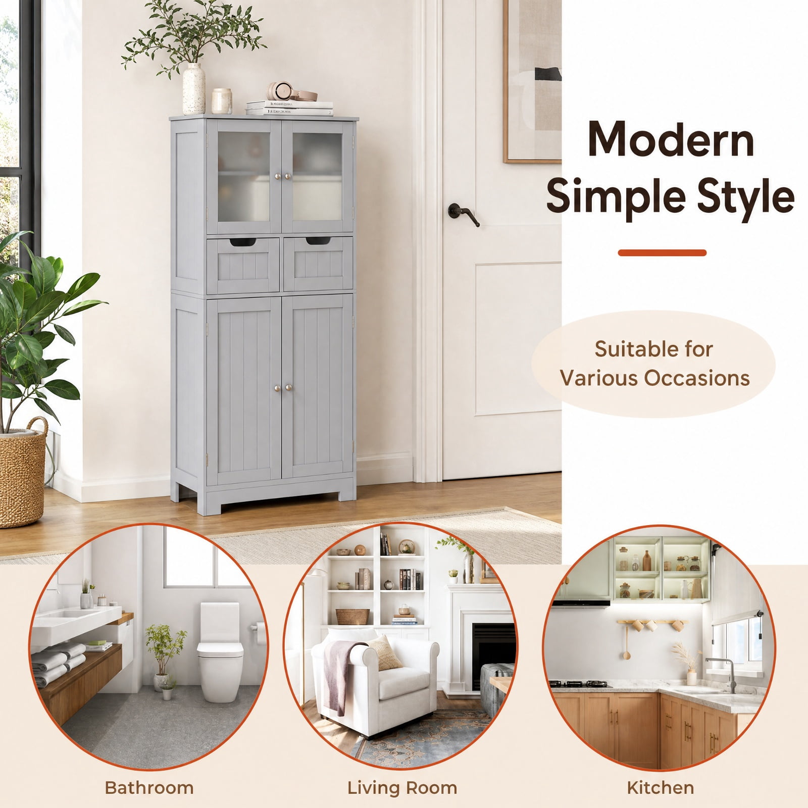 Vebreda Freestanding Bathroom Storage Cabinet, 4 Door Freestanding Bathroom Floor Storage Cabinet with 2 Drawers and Glass Doors