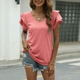 thumbnail image 2 of Women's Casual Loose Elegant Blouse V Neck Dressy Tunic Vintage Solid Color Plain Ruffle Short Sleeve Western Shirts Summer Tops Woman Work Blouses Pink M, 2 of 5