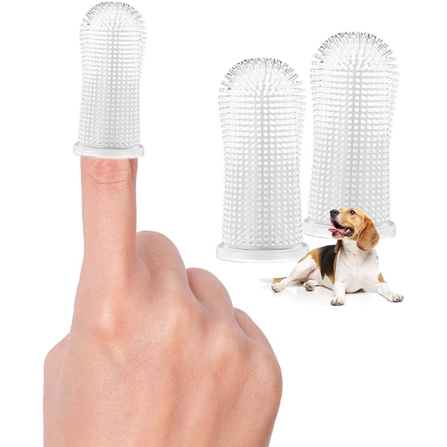 Juego de 2 cepillos de dientes de silicona suave para mascotas con sistema de limpieza de 360°, color blanco.