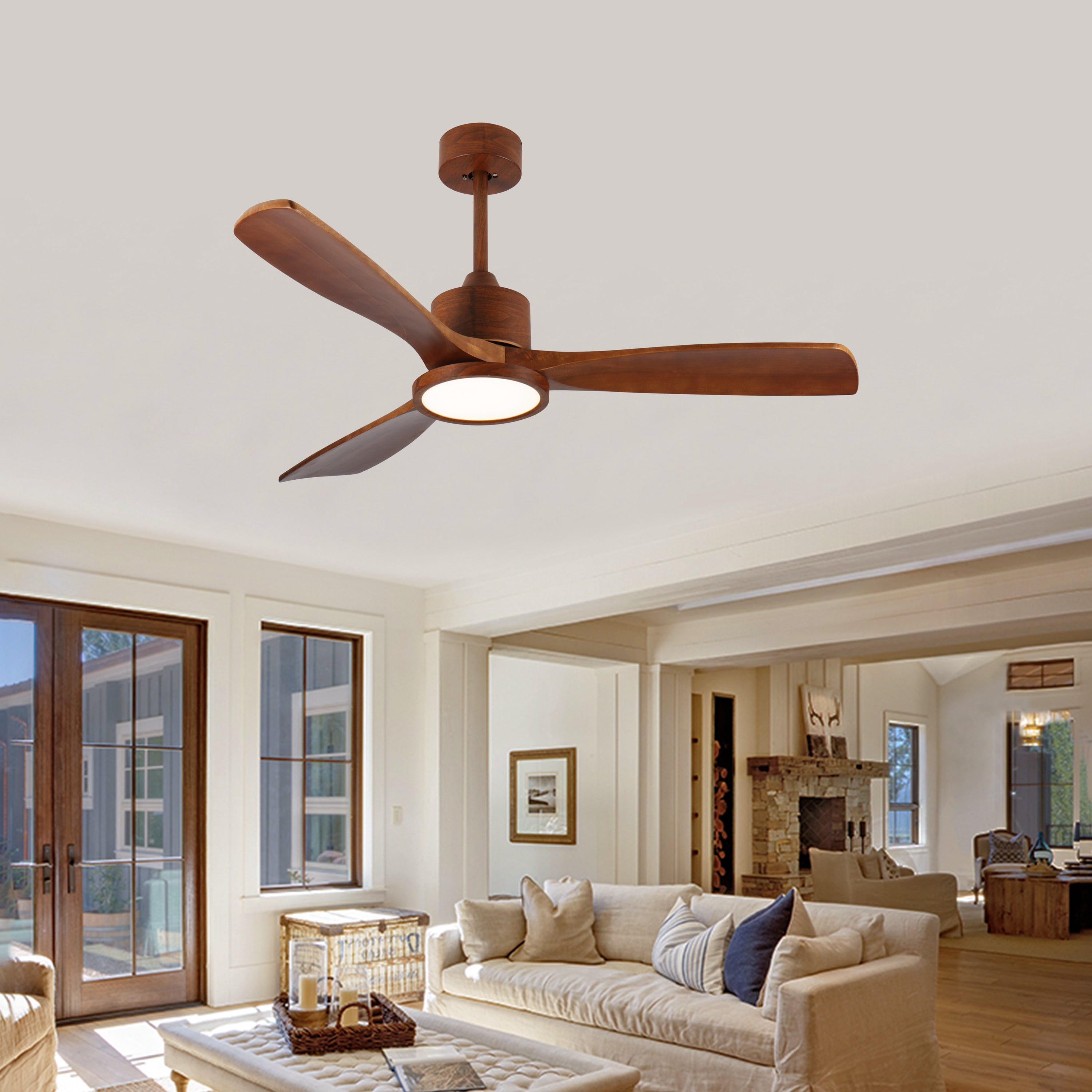 Noaman 52 Inch Wood Ceiling Fan with Light and Remote, Modern Low Profile DC Motor Fan, 6-Speed Reversible, Natural Wood for Bedroom/Outdoor/Patio