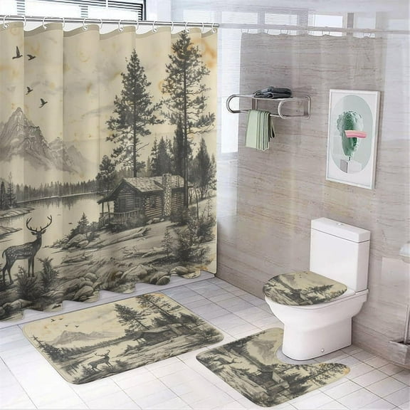 4Pcs Mountain Cabin Deer Shower Curtain Set with Toilet Lid Cover Non-Slip Rugs for Bathroom, Nature Rustic Forest Wilderness Scenery Shower Curtain Bathroom Sets with Hooks, 72x72 Inch