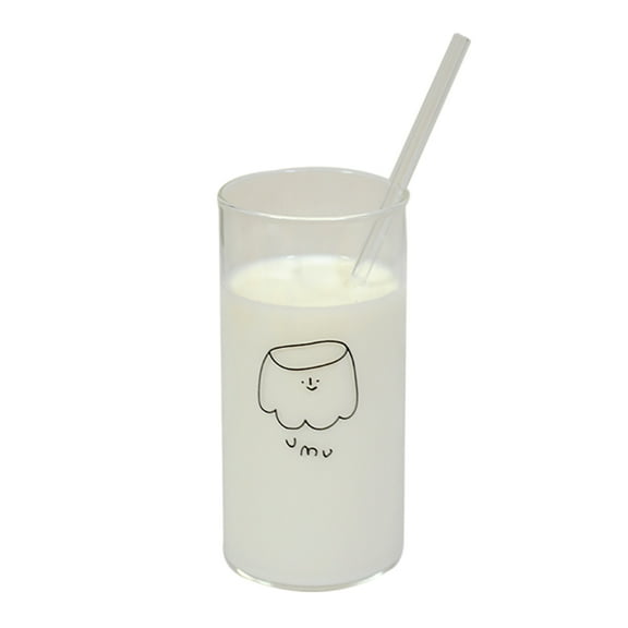Ame 400ML Korean Cute Cartoon Glass Cup Milk Juice Cold Water Cup With Straw Kitchen Drinkware