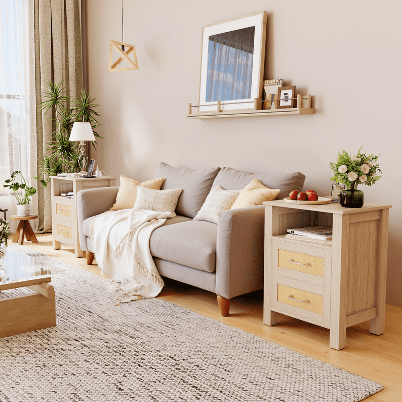Homall 1 Piece Rattan Nightstand with 2 Drawers, Bedside Table End Table with Charging Station for Bedroom Living Room, Beige