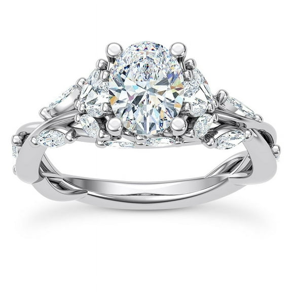 Veda Jewel 14K White Gold Plated Solitaire Engagement Ring - 1.95 Ct Lab-Created Oval Cut with Twisted Vine Design and Accent Stones - Jewelry for Women - 25th Anniversary Gifts