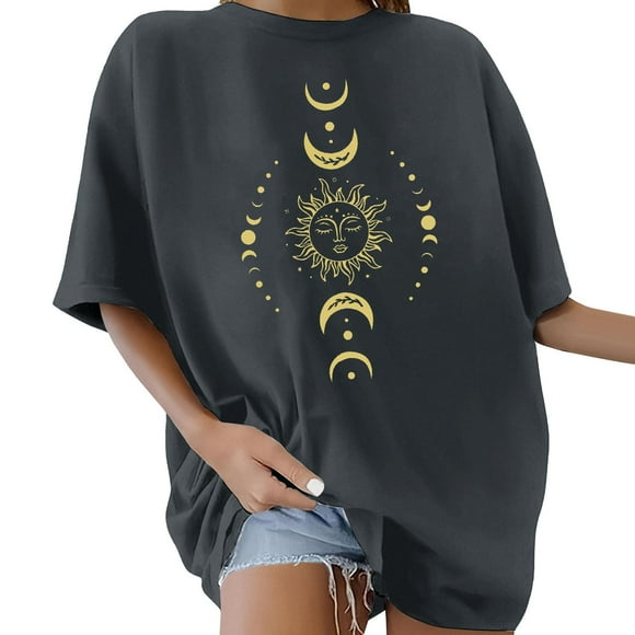 YDLCAFD V Neck Tops for Women Women's Oversized Vintage Crew Neck Short Sleeve 80S Letter Printed Bow Flowers Sun Moon Pattern Summer Blouse Tops Retro 80S Casual Loose Basic Tee Shirt