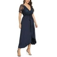 thumbnail image 4 of Women's Plus Size V Neck Glitzy Mesh Stitching Irregular Hem Waist Belted Sapphire Blue Patchwork Dress 3XL, 4 of 5