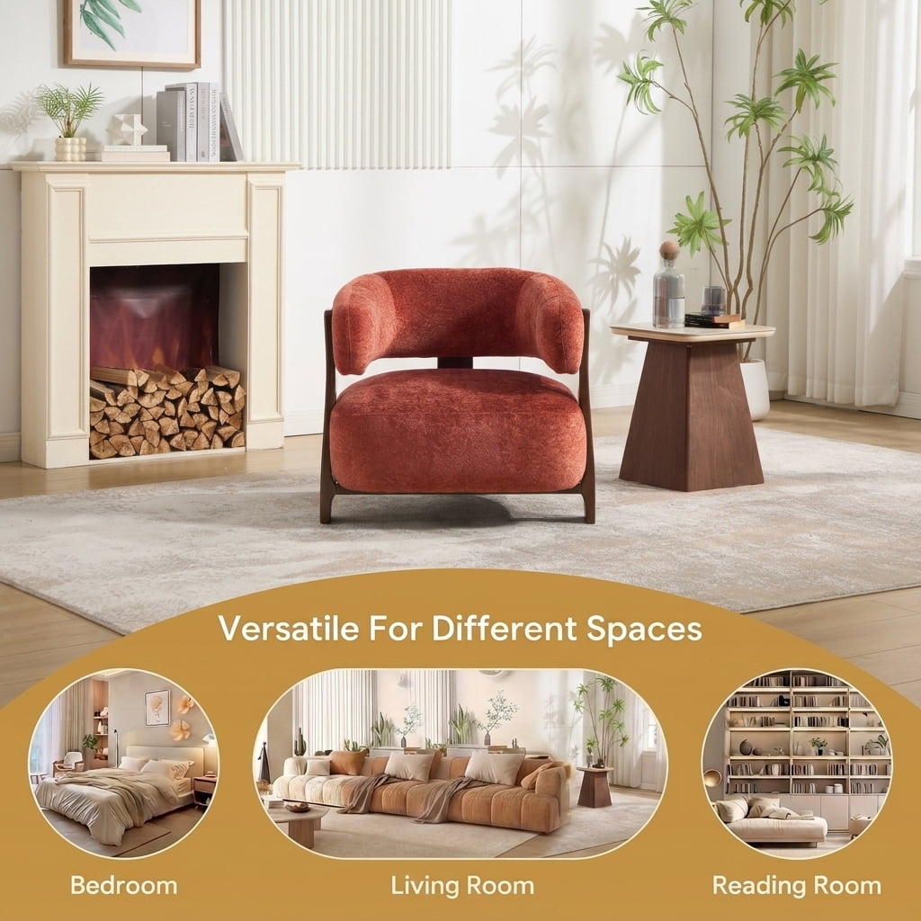 MOONMISS Boucle Accent Chair with Solid Wood Frame, Curved Arm Barrel Chair for Living Room, Bedroom & Office,Red