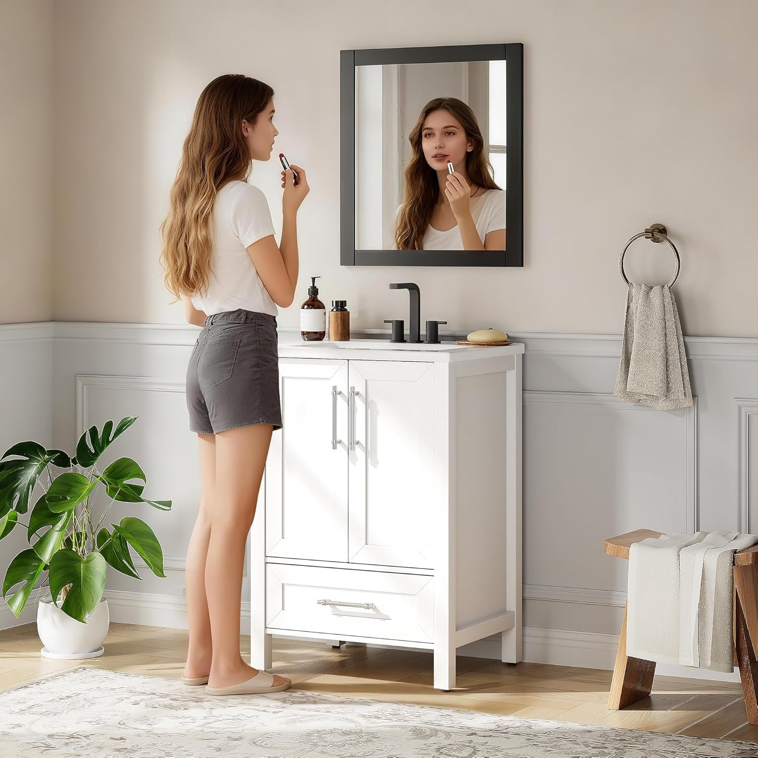 24" Bathroom Vanity with Sink, Vintage Bathroom Cabinet Vanity with Doors & Drawers, Farmhouse Wooden Freestanding Bathroom Cabinet with Top