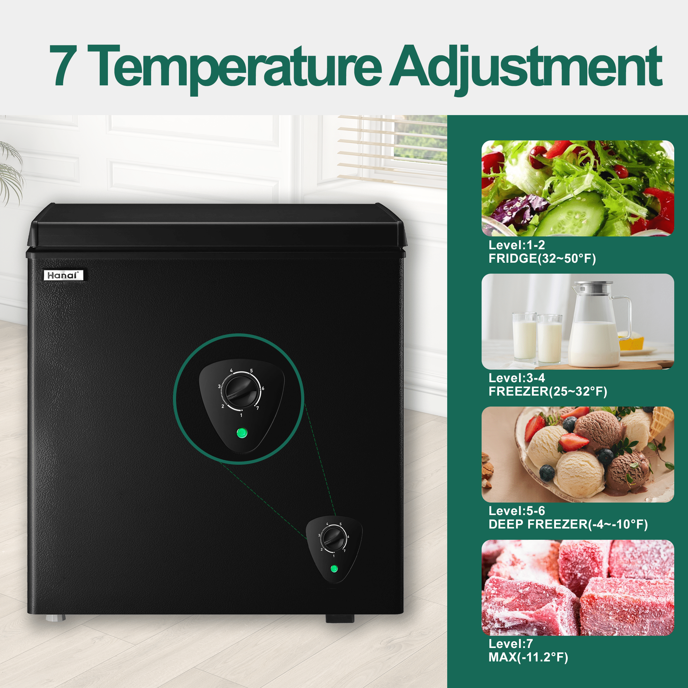 WANAI 5.0 Cu.Ft Black Deep Freezer, Compact Chest Freezer with Removable Basket, 7-Speed Temp Control, Energy Saving, Top Door Design for Kitchen Garage Office