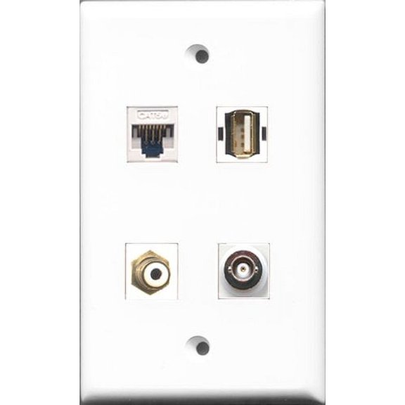 RiteAV 1 Port RCA White and 1 Port USB A-A and 1 Port BNC and 1 Port Cat5e Ethernet White Wall Plate