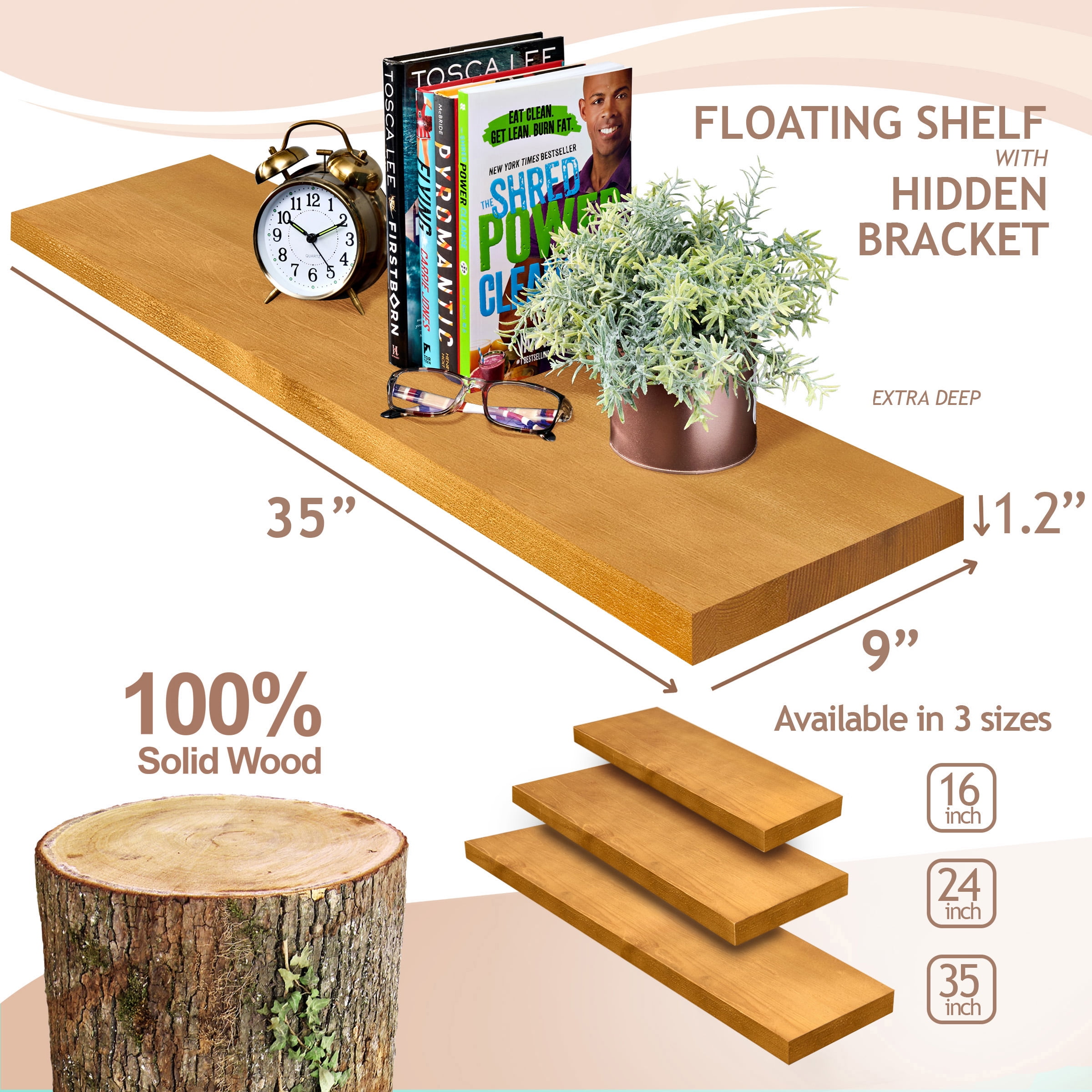 Sorbus Wood Floating Shelves for Wall - 35” Solid Wood Wall Shelves for Bathroom Decor, Books, Bedroom & Living Room - Set of 2 Wall Mounted Kitchen Shelves - Durable 100% Premium Solid Pine