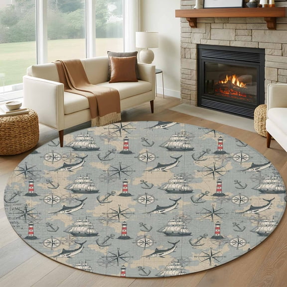 Blue Grey Nautical Round Living Room Rugs 6 ft, Vintage Boats Seaports Maps Fish Linen Washable Area Rug with Non-Slip Sturdy Edge Binding Round Carpet for Kitchen Office Bedroom