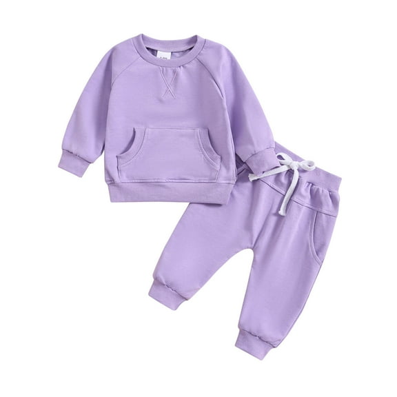 FRSASU Kids Pants ,Toddler Kids Boys Girls Solid Color Long Sleeve Pocket Hooded Sweatpants Suit Purple 6-12 Months