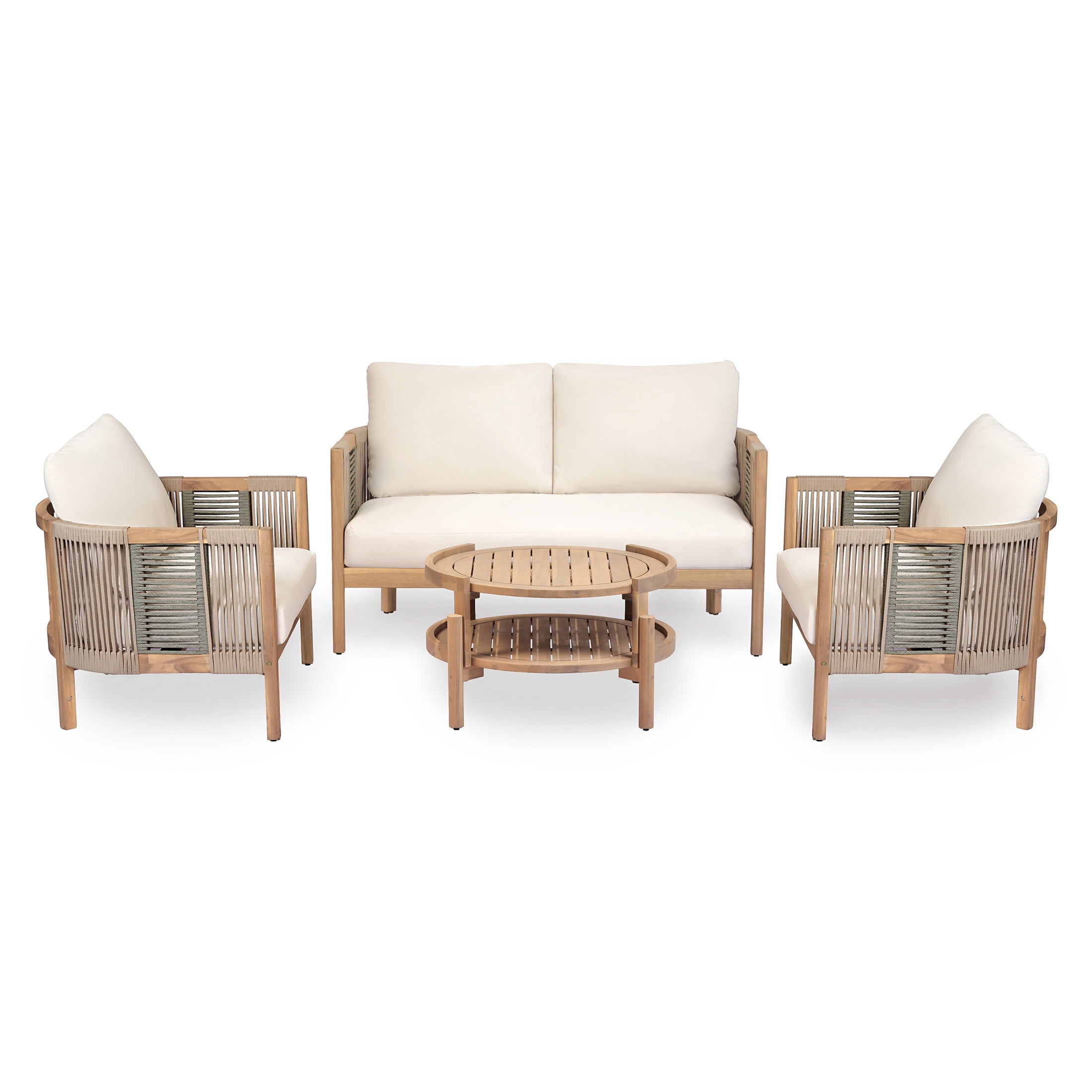 Christopher Knight Home 4-Piece Boho Outdoor Conversation Set with Cushions and Rope Accents, Teak+Beige