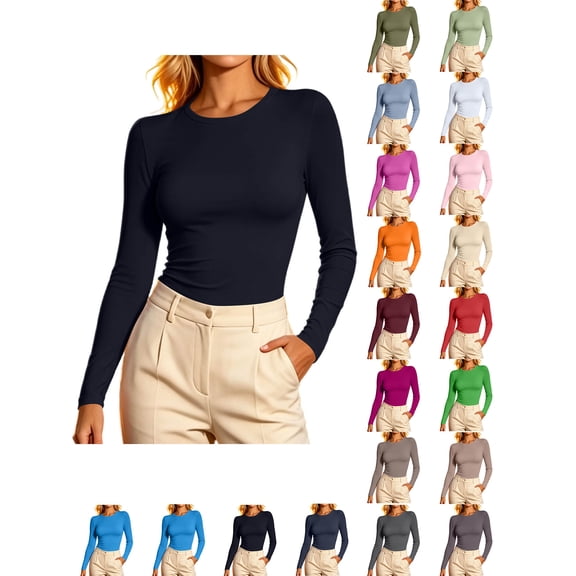 Long Sleeve Shirts for Women Zaewscy Women Crew Neck Long Sleeve Slim Fitted T-Shirt Stretchy Basic Layering Tee Top Casual Daily Wear Black XL