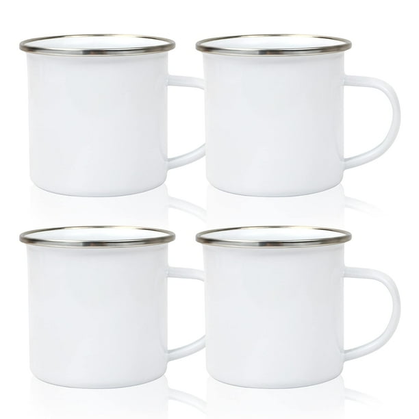Tazas de café MAIKESUB esmaltadas blancas de 12 onzas con borde plateado, 4 unidades