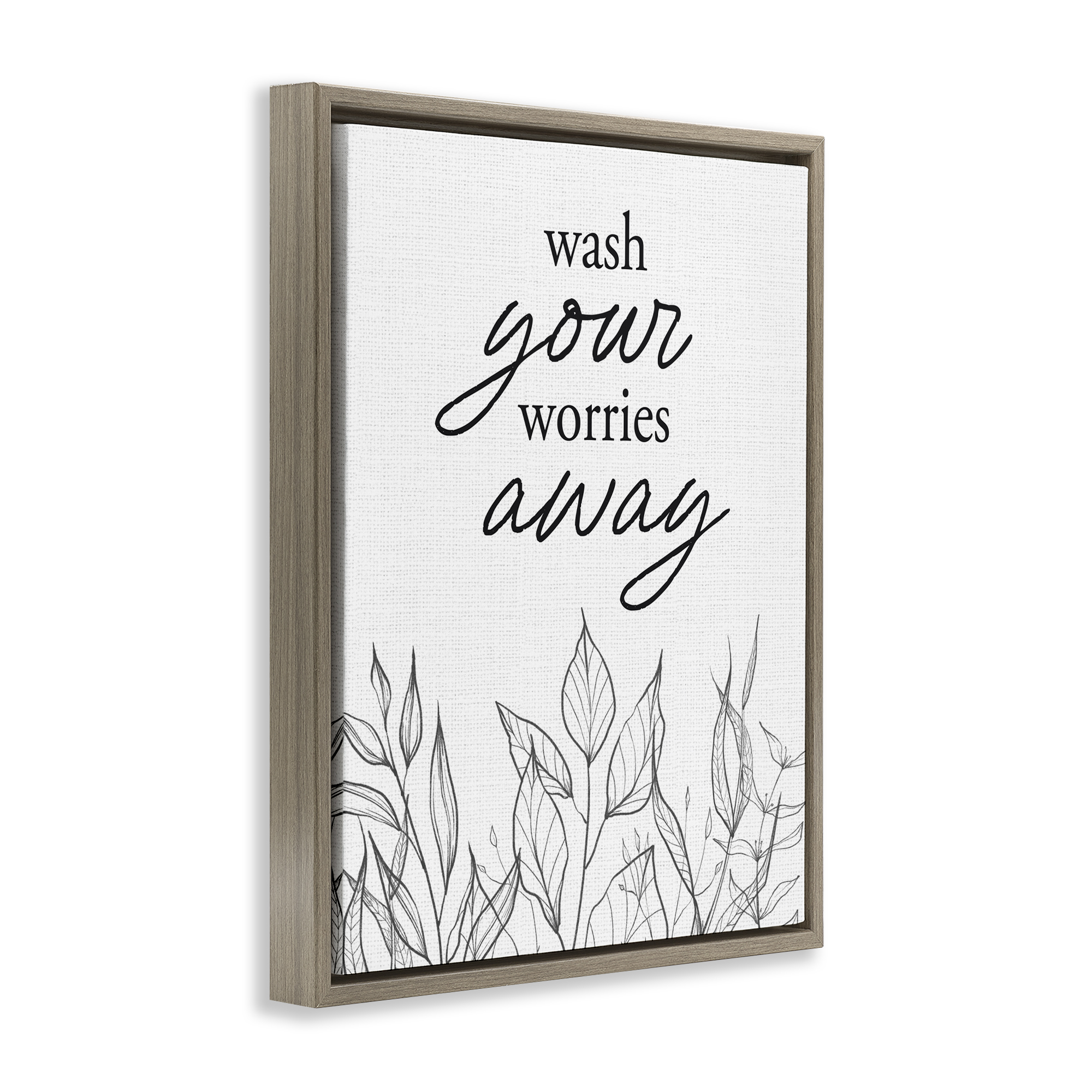Wash Your Worries Away Minimalist Brown Framed Floater Canvas Wall Art, design by Lettered and Lined