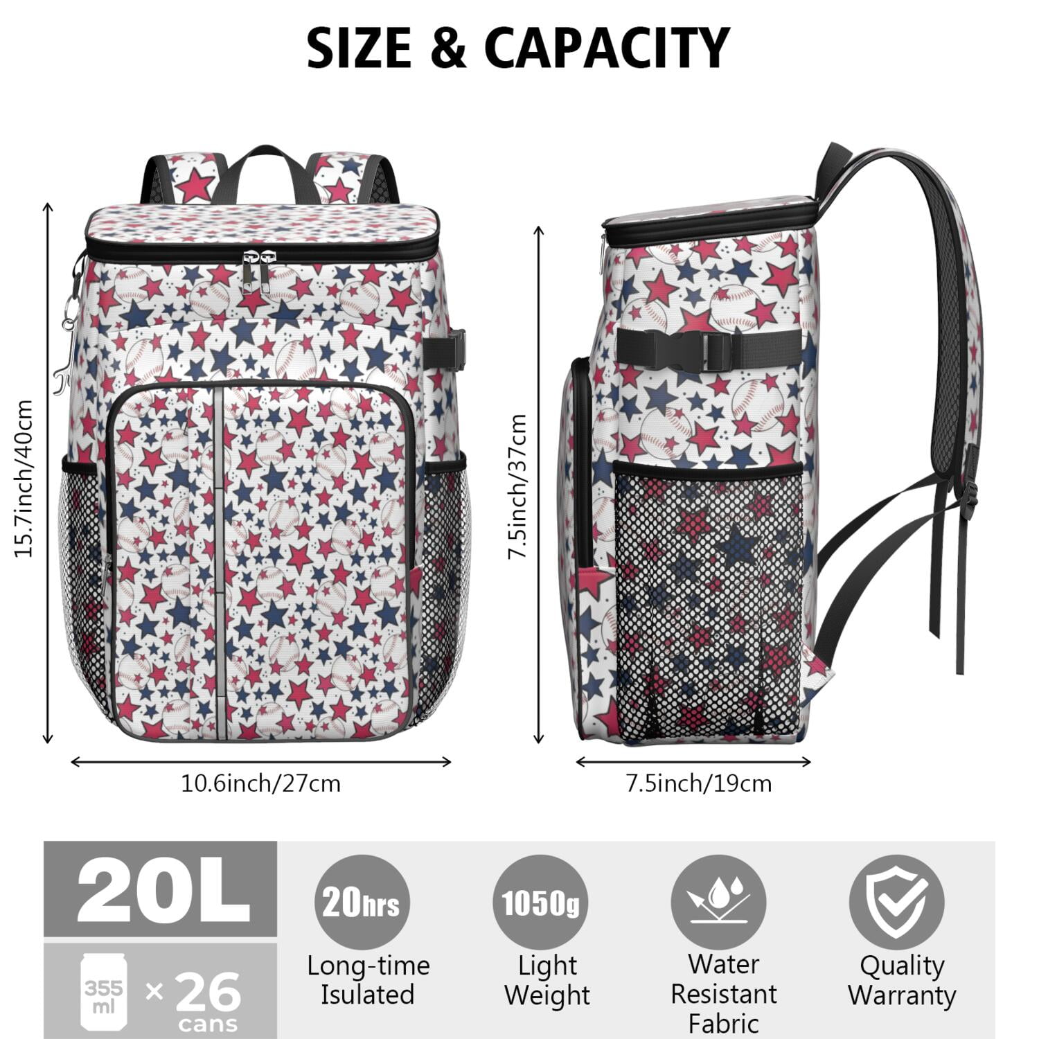 Travel Cooler Bag - Red White Blue Baseballs and Stars Pattern Camping Beer Cooler Backpack with Bottle Opener- Waterproof Insulated Picnic Backpacks - Cooler Bag for Beach