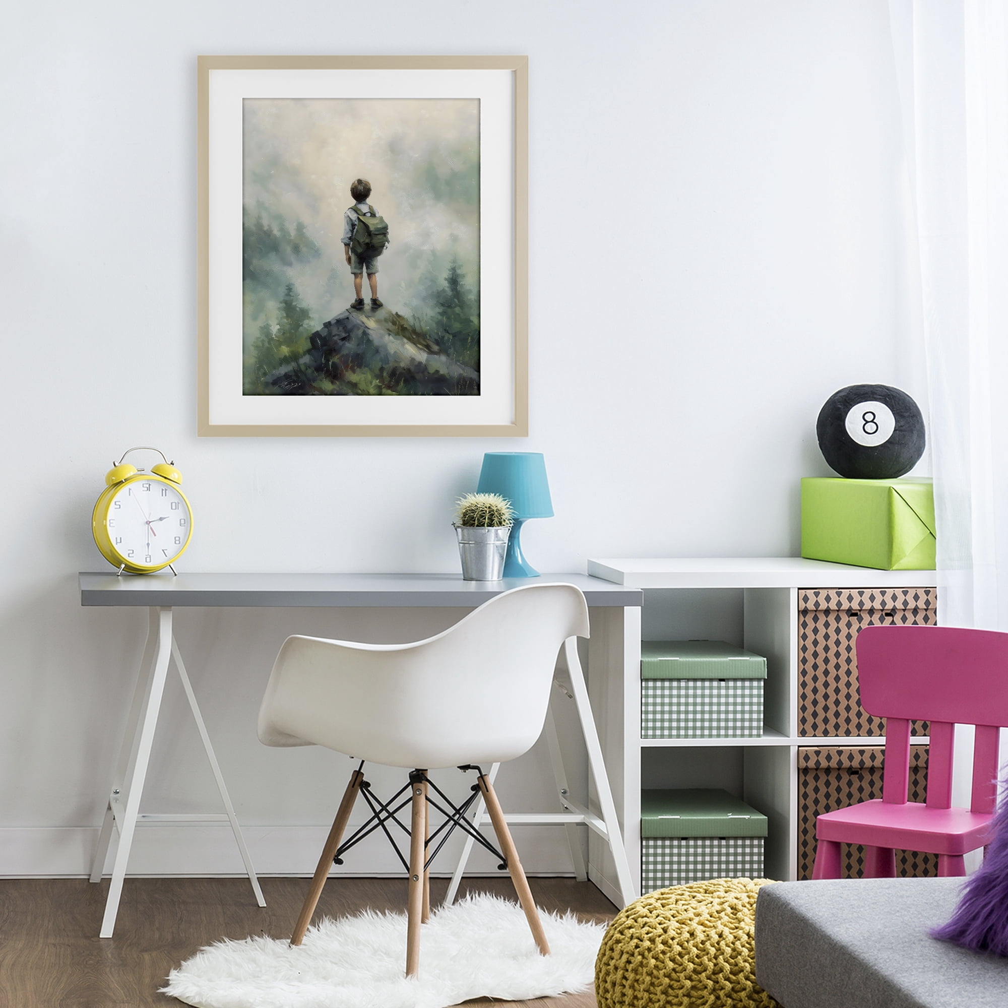 Boy Adventurer Atop Mountain Birch Framed Print Under Glass, design by Arlington Prints