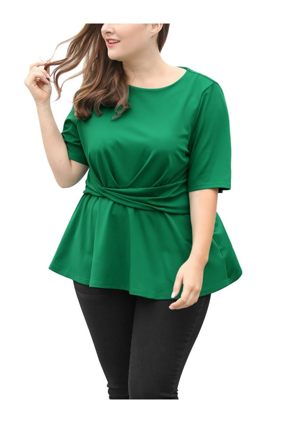 Women's Plus Size Short Sleeve Solid Outfits Fashion Wrap Peplum Tops 1X Green