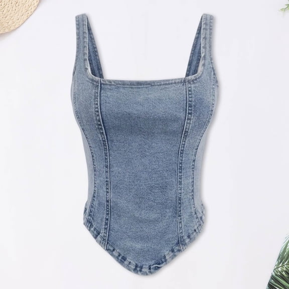 FASHOFT Denim Tops for Women Stretch Square Neck Jean Vests Sleeveless Pull on Summer Tops Western Waistcoat Blue L