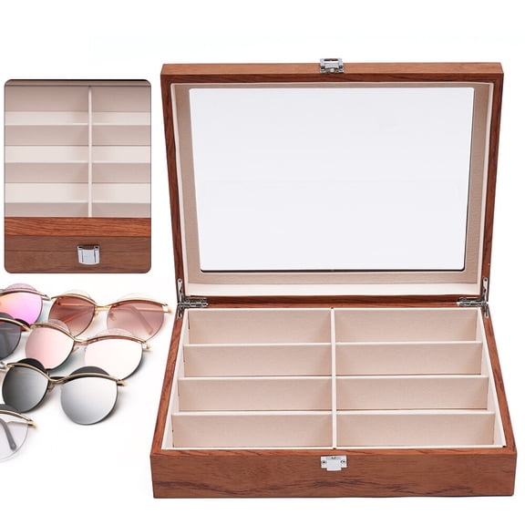 8-Slots Eyeglasses Wood Case Sunglasses Display Storage Organizer Box 13.38x10.43x3.14in