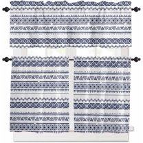 Blue Boho Kitchen Curtains and Valances Set, Rod Pocket Curtains Tier Farmhouse Window Curtains 36 Inch Length, Abstract Ethnic Geometric Stripes Vintage 3 Piece Kitchen Curtains Set