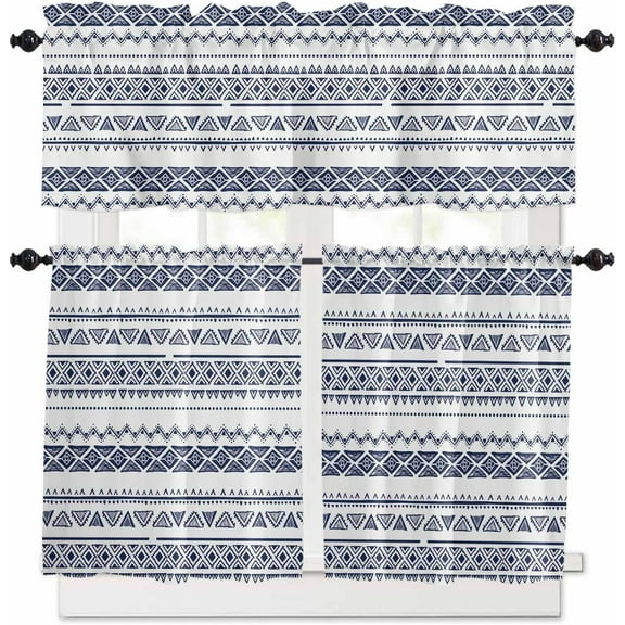 Blue Boho Kitchen Curtains and Valances Set, Rod Pocket Curtains Tier Farmhouse Window Curtains 36 Inch Length, Abstract Ethnic Geometric Stripes Vintage 3 Piece Kitchen Curtains Set