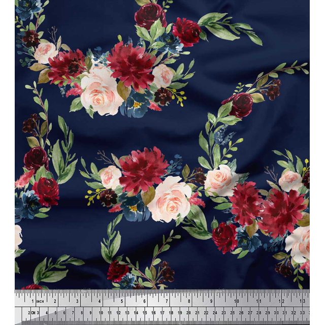 Soimoi Blue Heavy Canvas Fabric Ranunculus & Penoy Floral Print Printed Fabric 1 Yard 58 Inch Wide