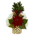 thumbnail image 2 of Nearly Natural 18in. Hydrangea, Poinsettia, Berry and Pine Artificial Arrangement in Gold Vase, 2 of 3