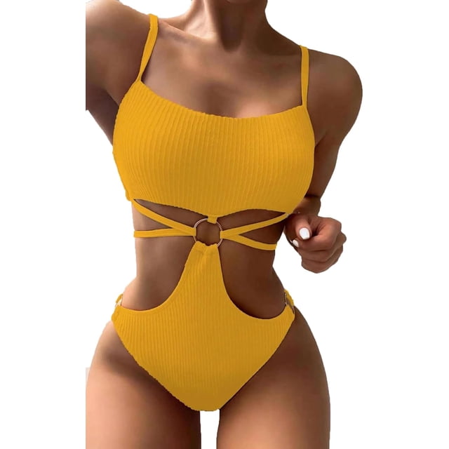 GHSDFBB Maillot de Bain une Pièce à Découpe Anneau Col Rond Dos Lacé Monokini