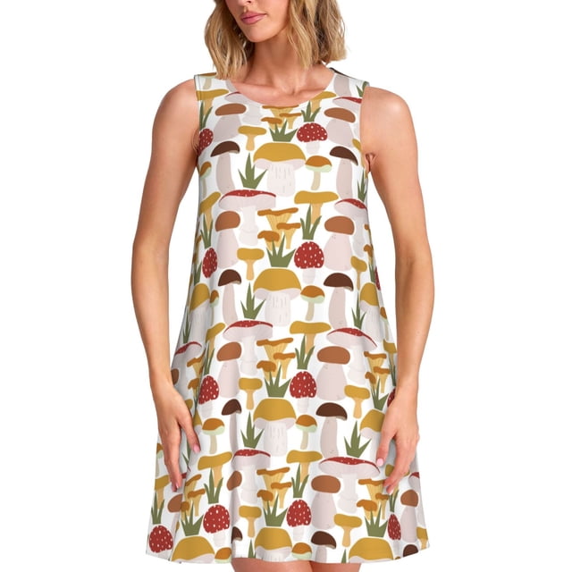 Vsdgher Robes d'Été Imprimé Champignon pour Femmes Robe de Plage Décontractée Col en U Sans Manches Robe d'Été Ample avec Poche