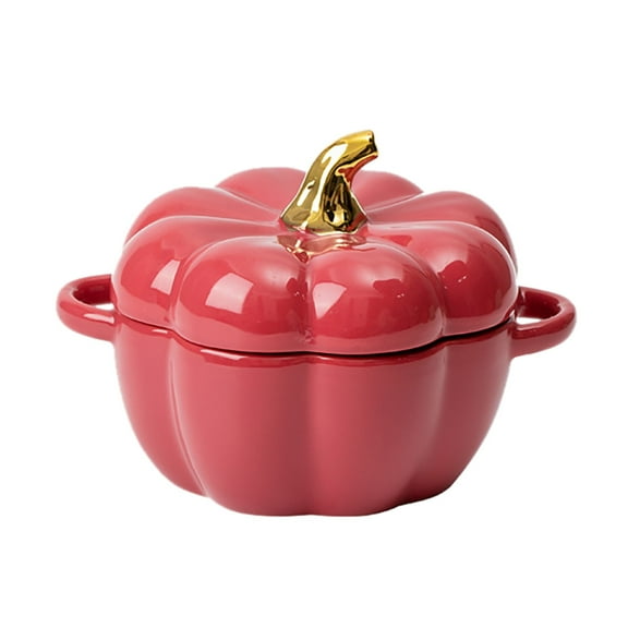 Halloween Pumpkin Bowl with Lid and Handle, Ceramic Ramekins for Baking, Casserole Dish Individual Severing Pot, Stoneware, Oven Safe, 14 Oz (Orange) - A