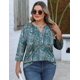 thumbnail image 5 of Blusa Romantii para mujer, talla grande, manga 3/4, cuello en V, azul y verde, 5 of 6