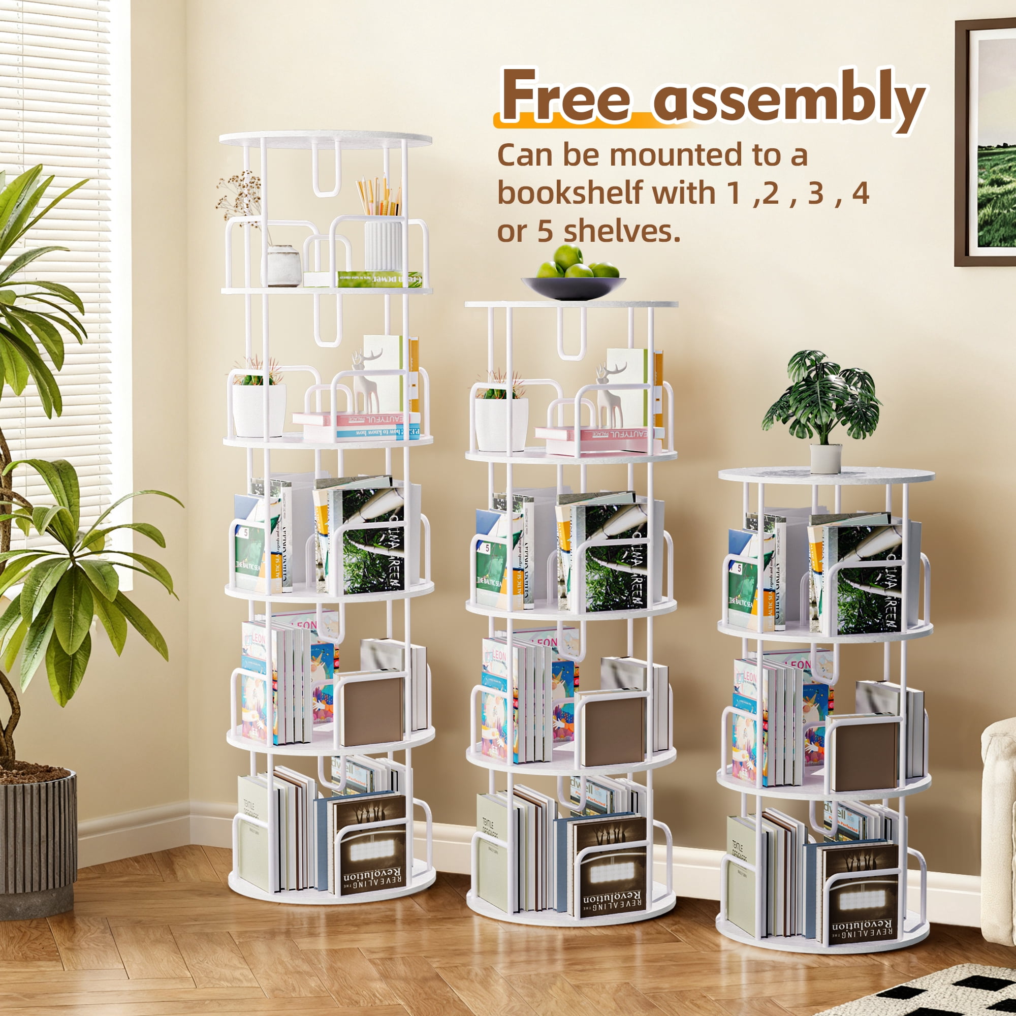 Rotating Bookshelf Tower 5 Tier,Spinning Bookcase, Revolving 360 Book Shelf Narrow Tall Bookcase, Vertical Turning Round storage Bookshelf ,Book Shelf Organizer for Bedroom, Living Room, White