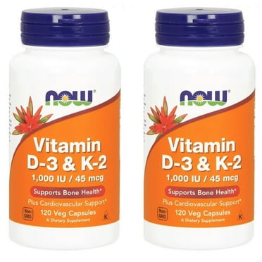 NOW Foods Vitamin D3 & K2, 120 Vegetarian Capsules - 2 Packs