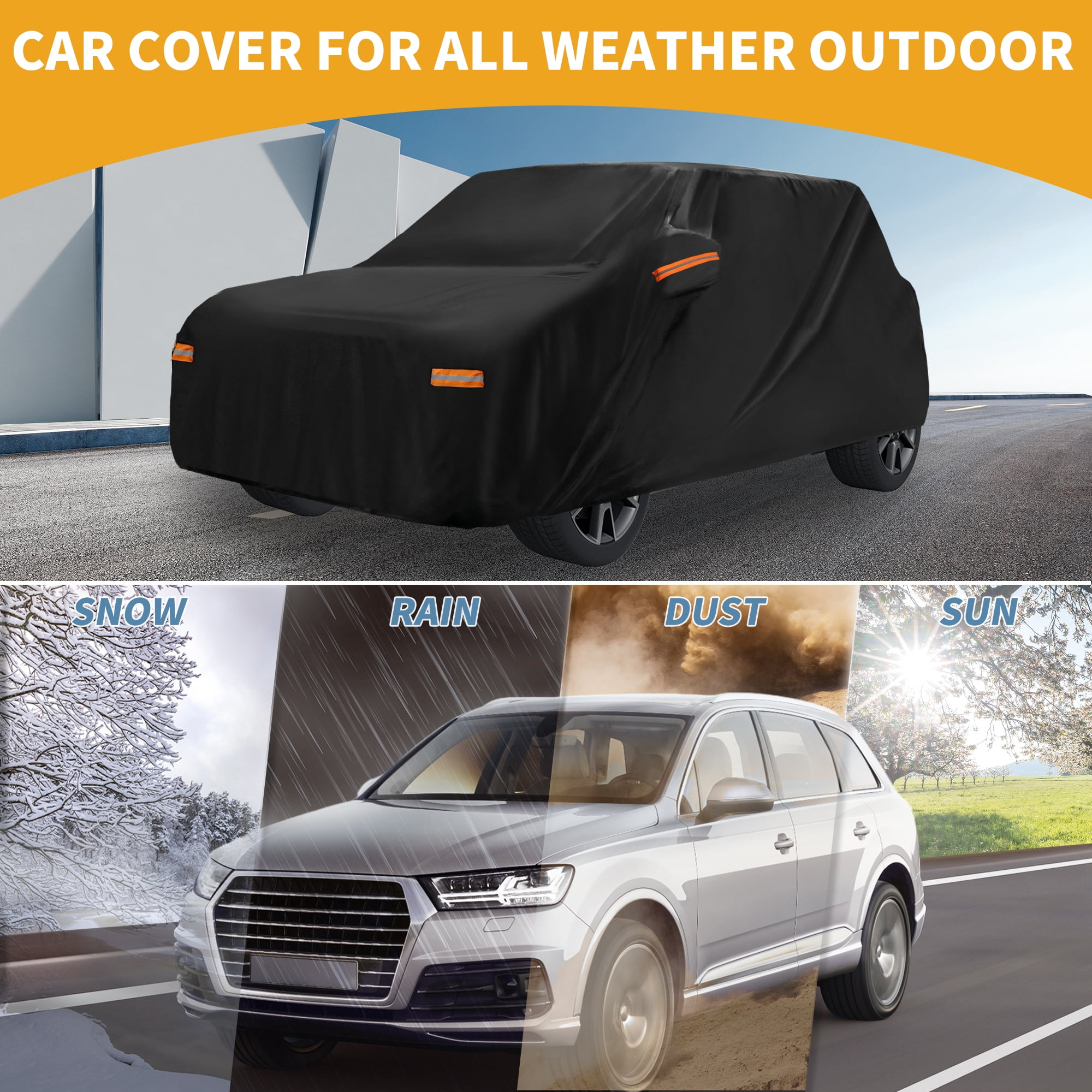 Unique Bargains Waterproof Car Cover with Reflective Strips Black for Mini Cooper 4DR 161.42"x57.09"x49.21"