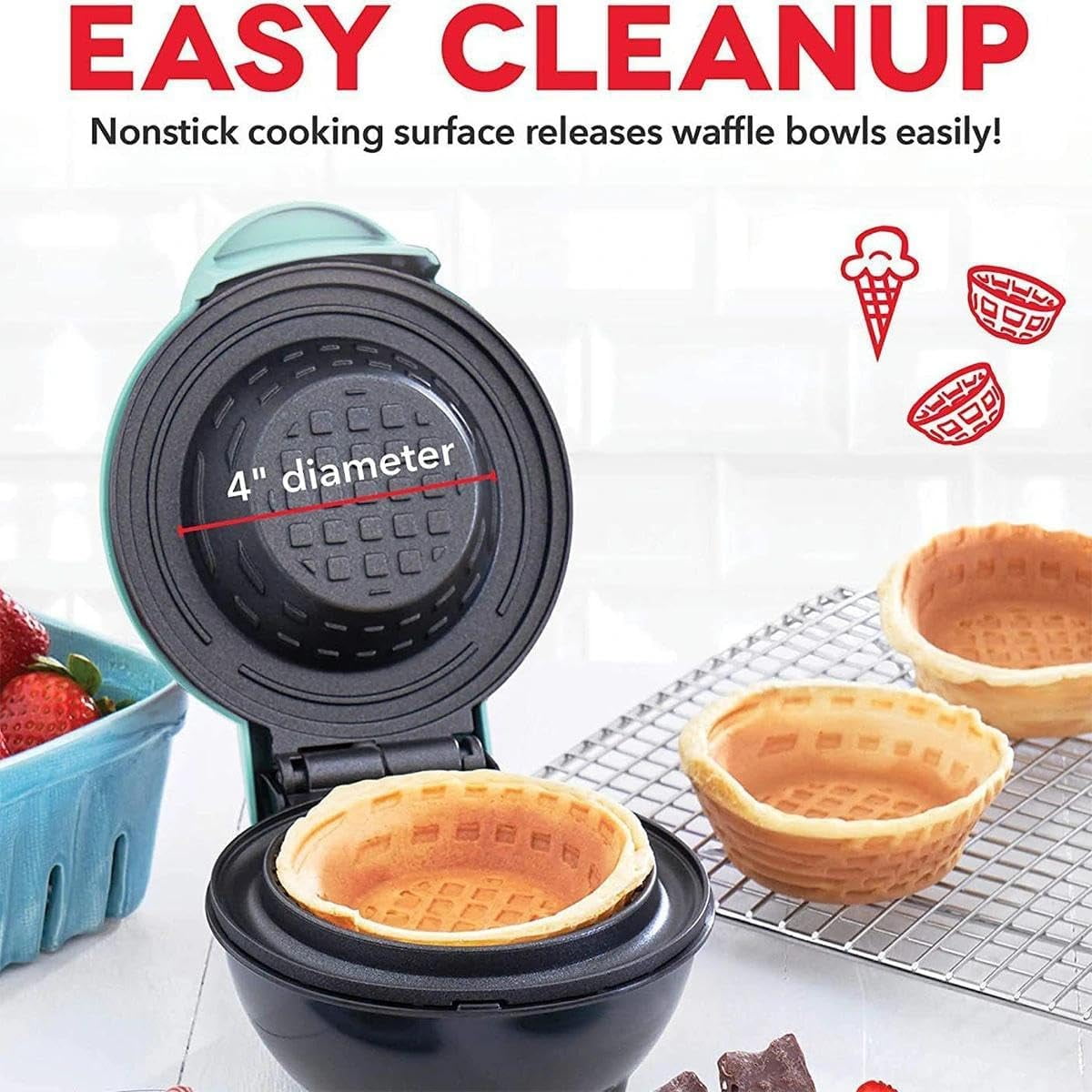 4" Waffle Bowl Maker with Non-Stick Plates, Fast Heating Mini Waffle Cone Maker for Homemade Ice Cream Cups, Compact Housewares Appliance for Dorms, RVs, Camping & Small Kitchens