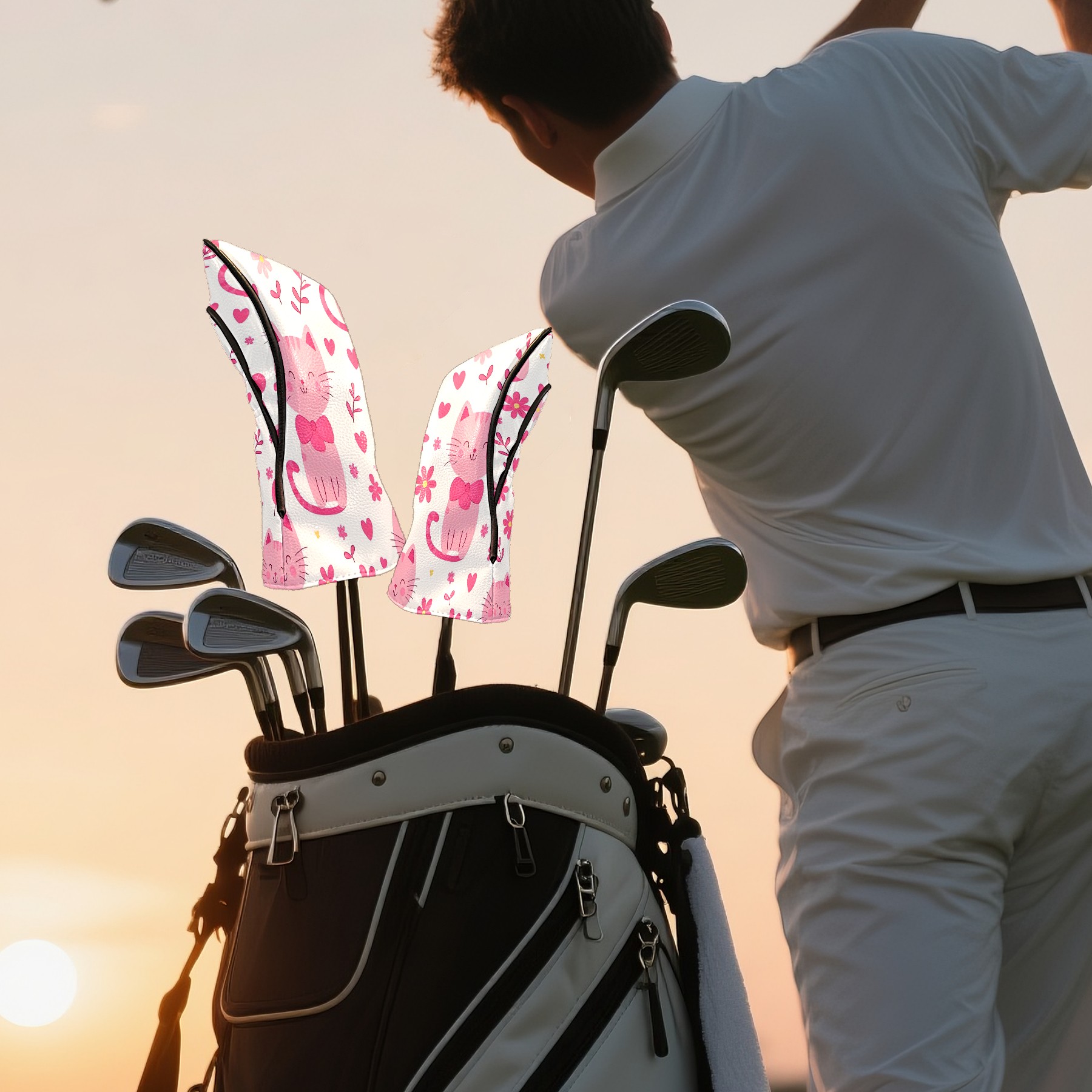 Golf Club Covers, Pink CatFlower Premium PU Leather Driver Hybrid Putter Head Covers with Velvet Lining, Waterproof Golf Gifts for Men Women